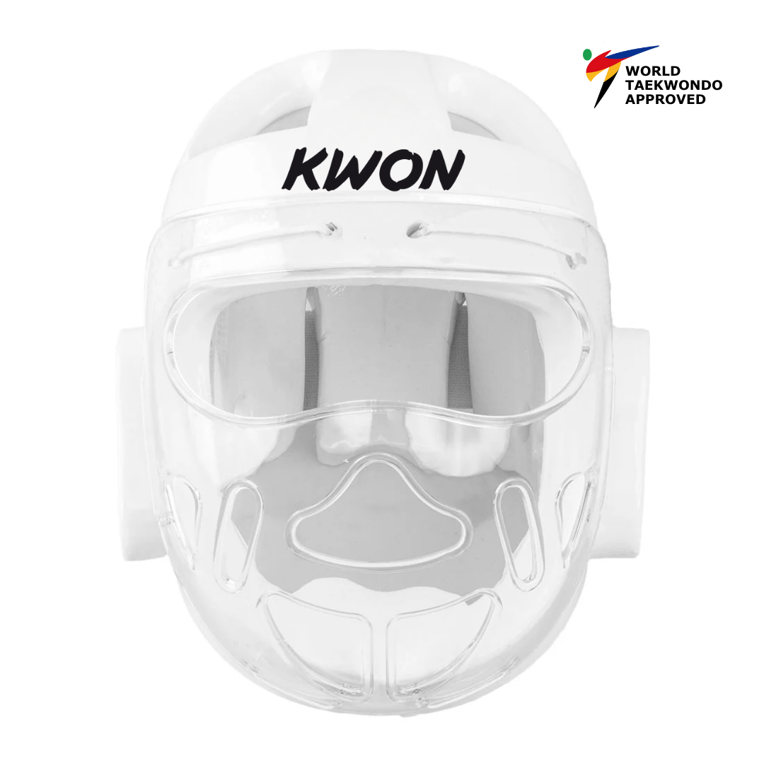 White KWON Taekwondo Head Guard with face shield World Taekwondo Appoved - Front