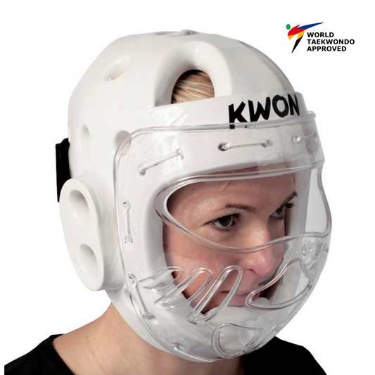 White KWON Taekwondo Head Guard with face shield World Taekwondo Appoved