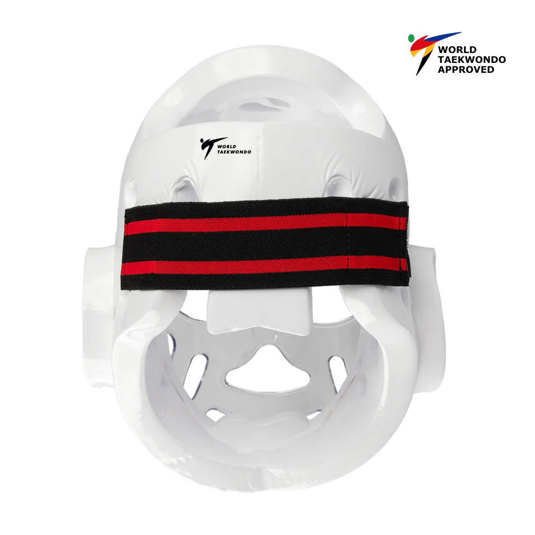 White KWON Taekwondo Head Guard with face shield & velcro strap. World Taekwondo Appoved - Back